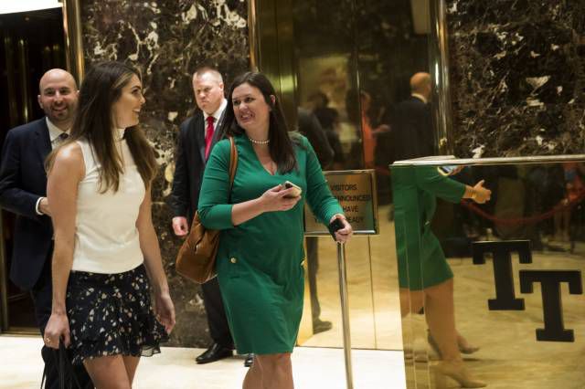 Spotted: Hicks with Sarah Huckabee Sanders at Trump Tower on August 15th.